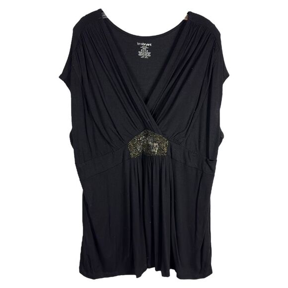 Lane Bryant Plus Size 26 28 Top Black Beaded Short Sleeve V Neck‎ Stretch 1057 - Picture 1 of 9